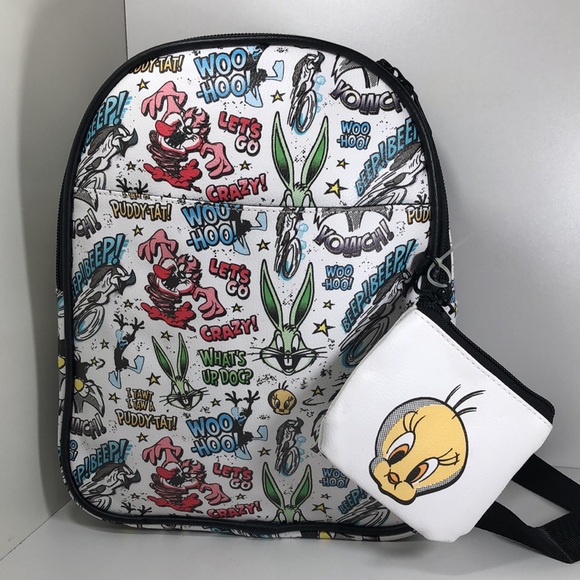 Looney Tunes All Over Print Faux Leather 10.5" Women’s White Mini Backpack. - Picture 2 of 15